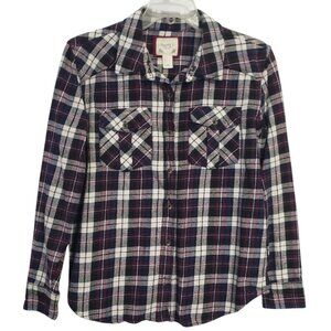 Red Blue White Plaid Womens Flannel Button Down Shirt Small Long Sleeve Cotton